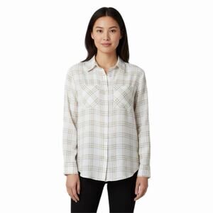 Pink Lily Women's Button Up Blouse Size S White & Tan Check Viscose Long Sleeve